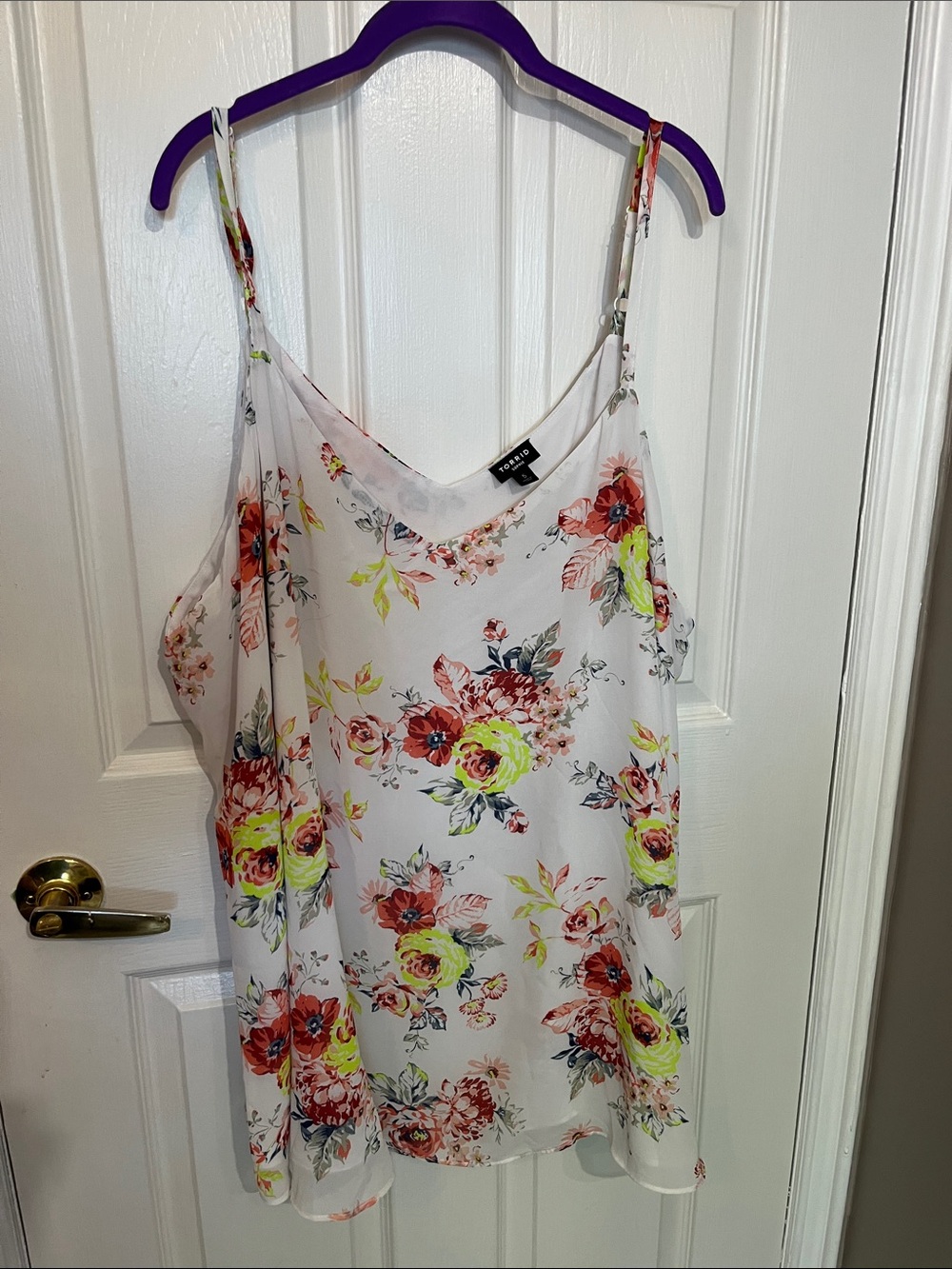torrid White Floral Spaghetti-Strap Tank with Neon & Coral Blooms